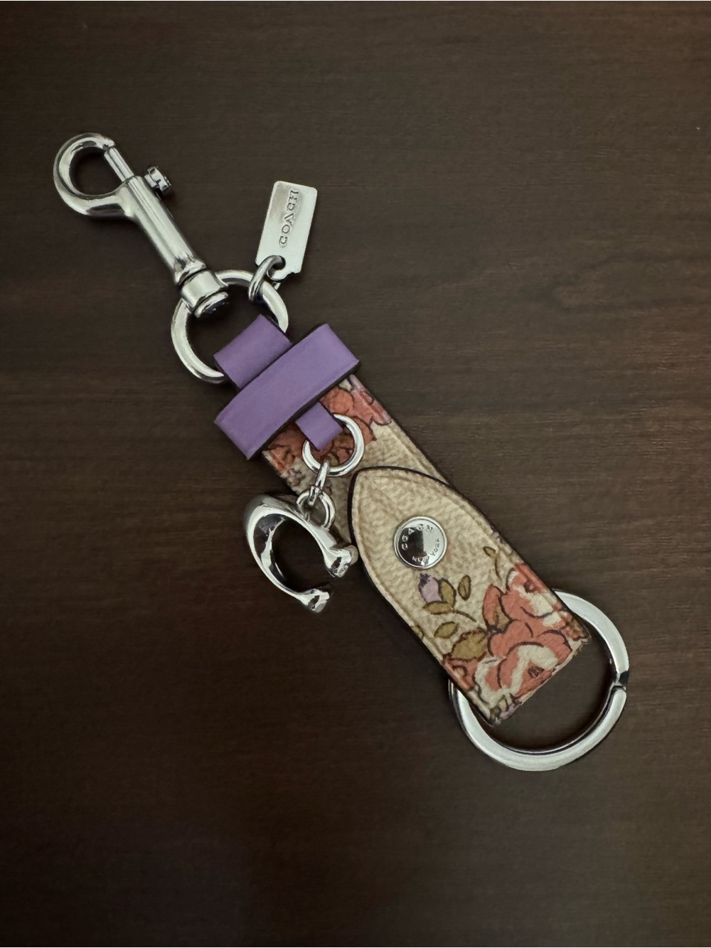 Coach Floral Leather Key & Card Holder with Purple Leather Accent